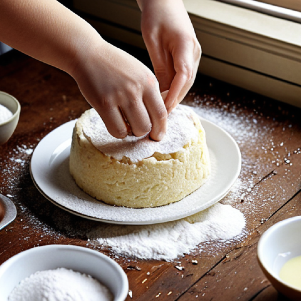 ** Simple baking scene. Focus on ingredients like flour, sugar, eggs, and butter. The image should evoke a homemade cake or biscuit.

**