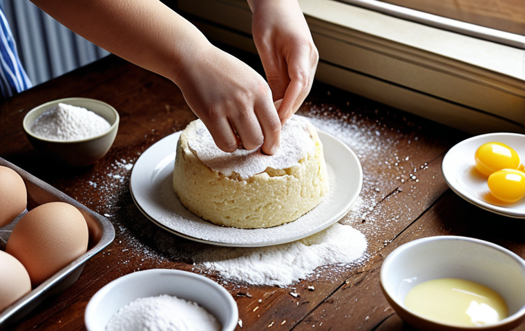 ** Simple baking scene. Focus on ingredients like flour, sugar, eggs, and butter. The image should evoke a homemade cake or biscuit.

**