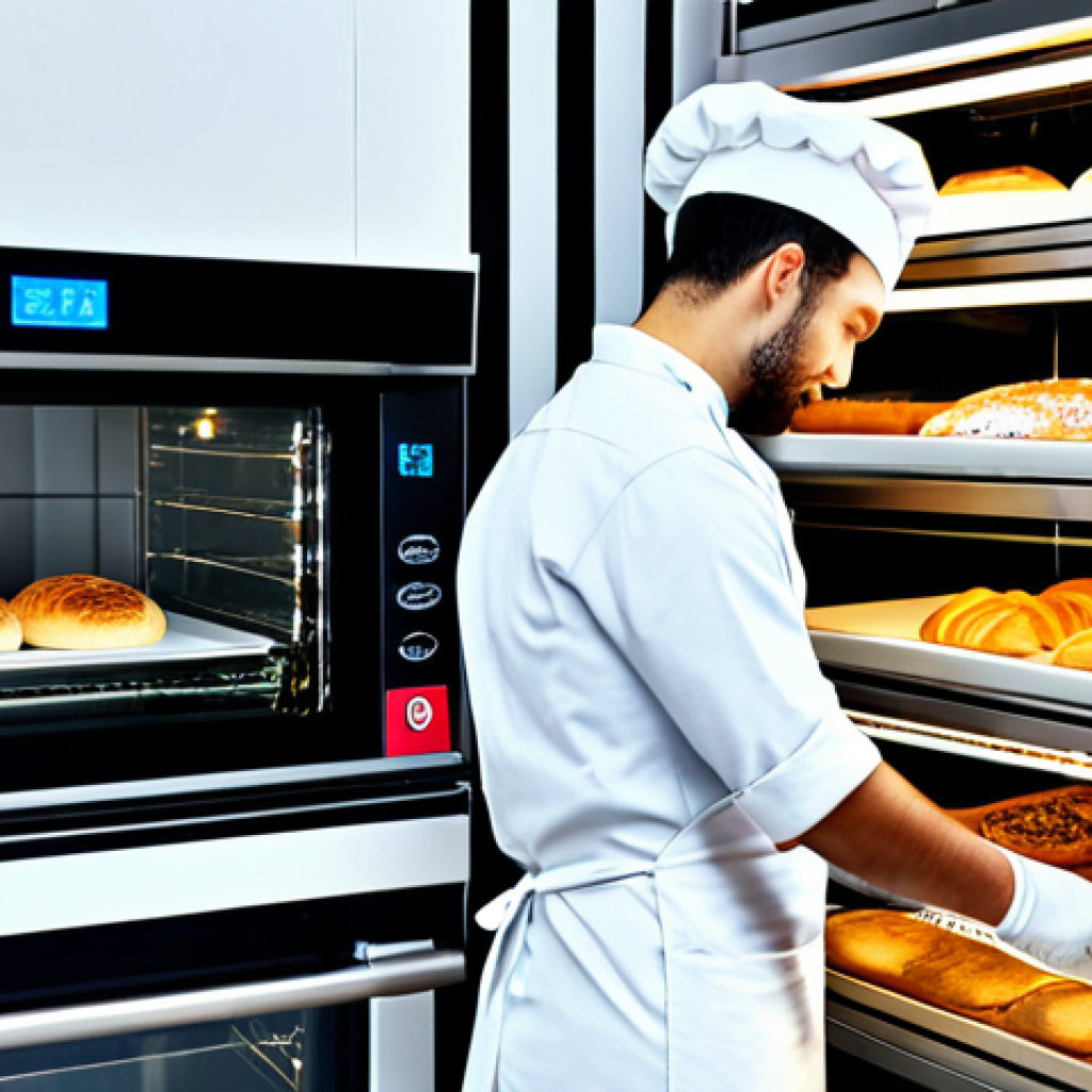 **
"A modern bakery interior, showcasing a smart oven with digital displays, a baker in a clean apron adjusting settings, various pastries and bread neatly arranged on shelves, focus on technology enhancing traditional baking, clean and bright environment, professional, appropriate attire, safe for work, well-lit, high quality."
**