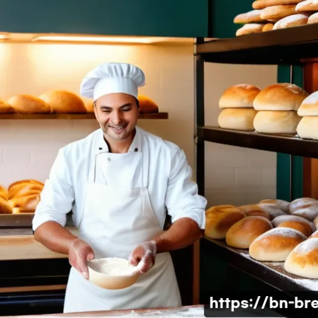 제빵사와 제과사 직무의 차이 - A skilled baker in a traditional bakery setting, wearing a white apron and a chef hat, kneading doug...