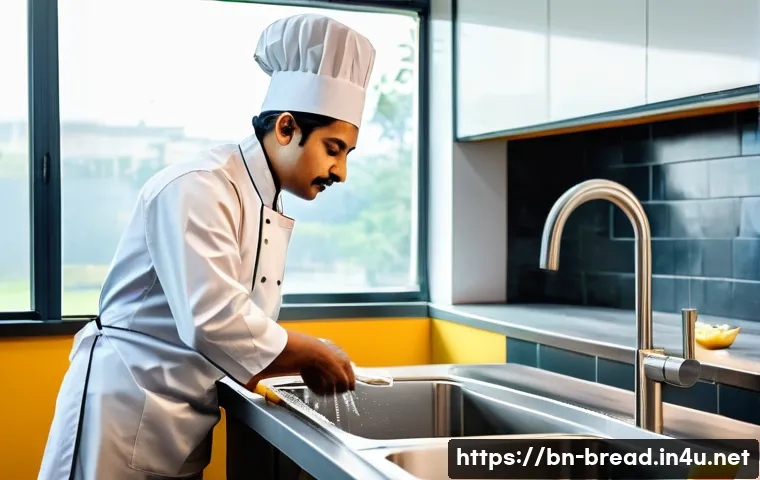 제빵사가 공부해야 할 식품위생법 - A professional Bengali pastry chef in a clean, modern kitchen setting, wearing a spotless white chef...