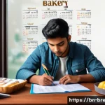 제빵 자격증 시험에서 흔히 하는 실수 - A focused young Bengali student studying for a bakery certification exam at a neat desk, surrounded ...