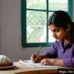 제빵 자격증 시험 준비 팁 - A focused Bengali student sitting at a study desk in a cozy room, surrounded by neatly arranged bake...
