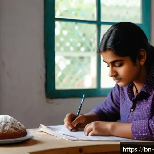 제빵 자격증 시험 준비 팁 - A focused Bengali student sitting at a study desk in a cozy room, surrounded by neatly arranged bake...