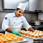 제빵 자격증 비전공자의 도전기 - A cozy bakery kitchen scene featuring a skilled baker of Bengali descent, confidently preparing crea...