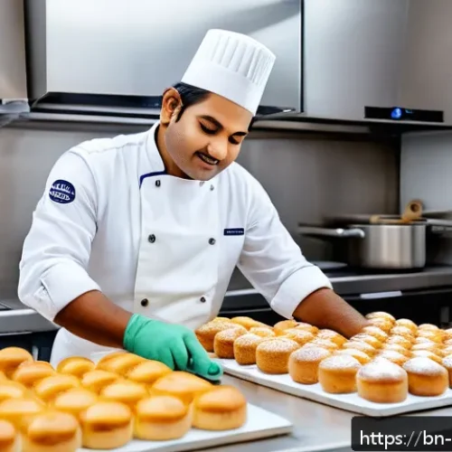 제빵 자격증 비전공자의 도전기 - A cozy bakery kitchen scene featuring a skilled baker of Bengali descent, confidently preparing crea...