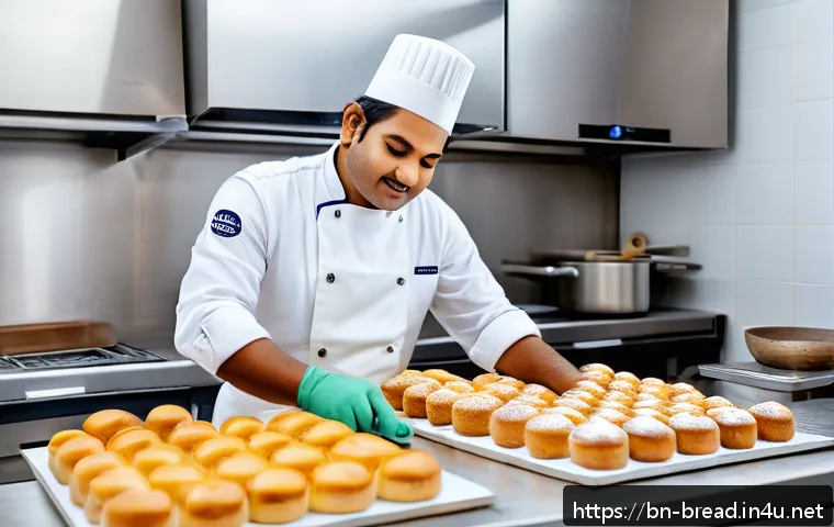 제빵 자격증 비전공자의 도전기 - A cozy bakery kitchen scene featuring a skilled baker of Bengali descent, confidently preparing crea...