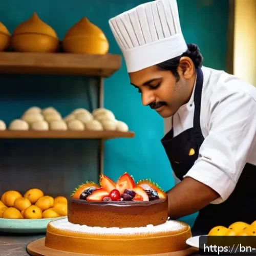 제빵사로서 일하는 즐거움과 보람 - A detailed scene inside a traditional Bengali bakery kitchen featuring a skilled pastry artist caref...