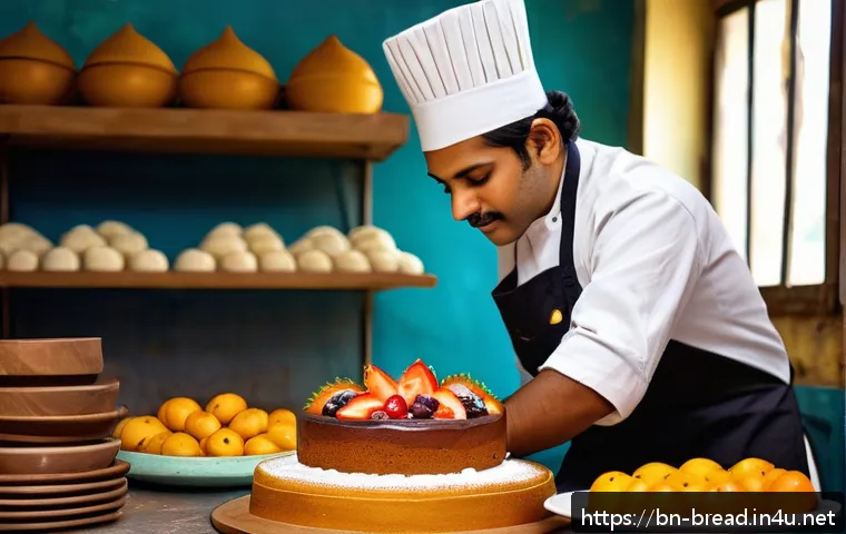 제빵사로서 일하는 즐거움과 보람 - A detailed scene inside a traditional Bengali bakery kitchen featuring a skilled pastry artist caref...