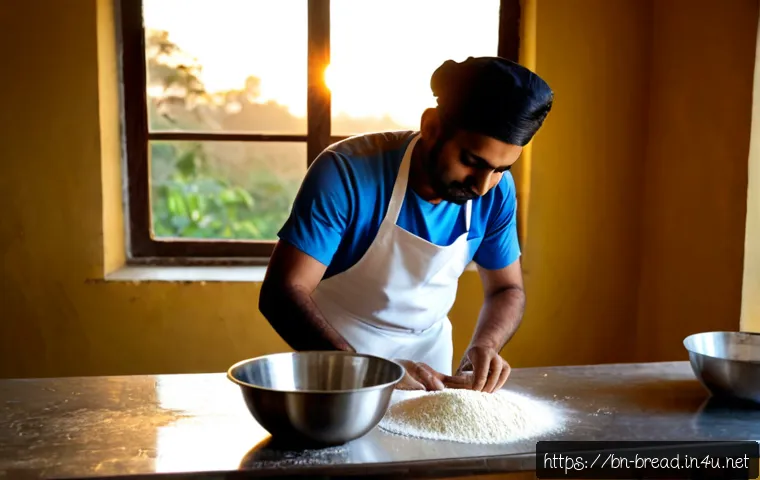 제빵사 일일 업무 루틴 - Photorealistic early-morning bakery workspace, a Bengali male baker in a clean white apron and hair ...